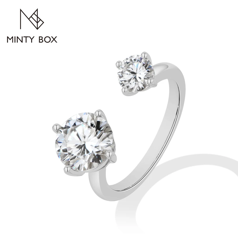 MINTYBOX Round Cut Moissanite Rings Minimalist 2&3 Stone Design 925 Silver Adjustable Open Ring for Women Men Party Jewelry Gift