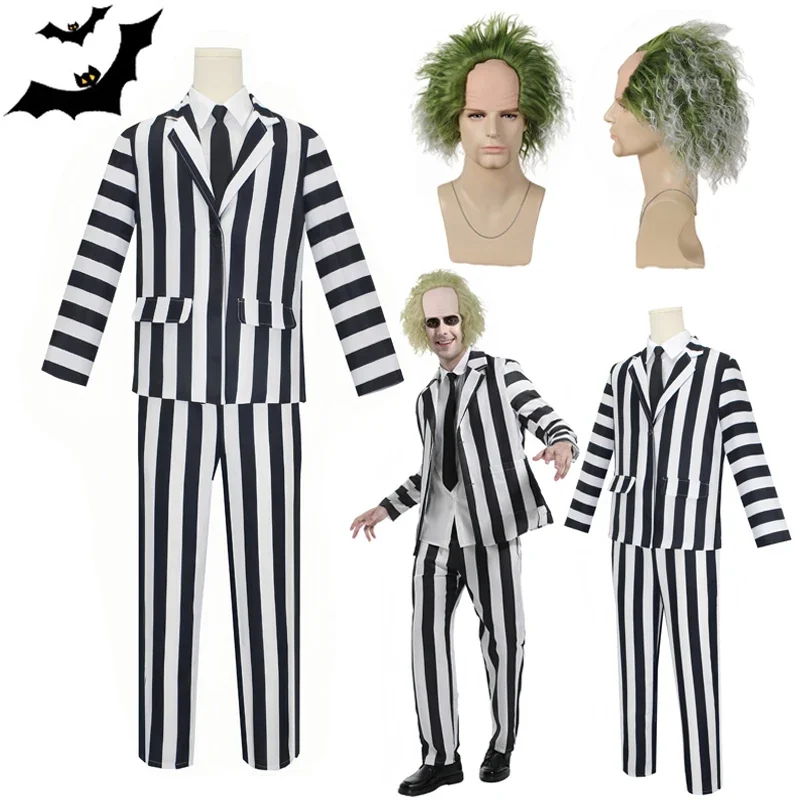 SN55Anime Cosplay Beetle Juicee Men Black and White Striped Suit Scary Halloween Costumes Wig Tie Shirt for Cosplay Party$@1w