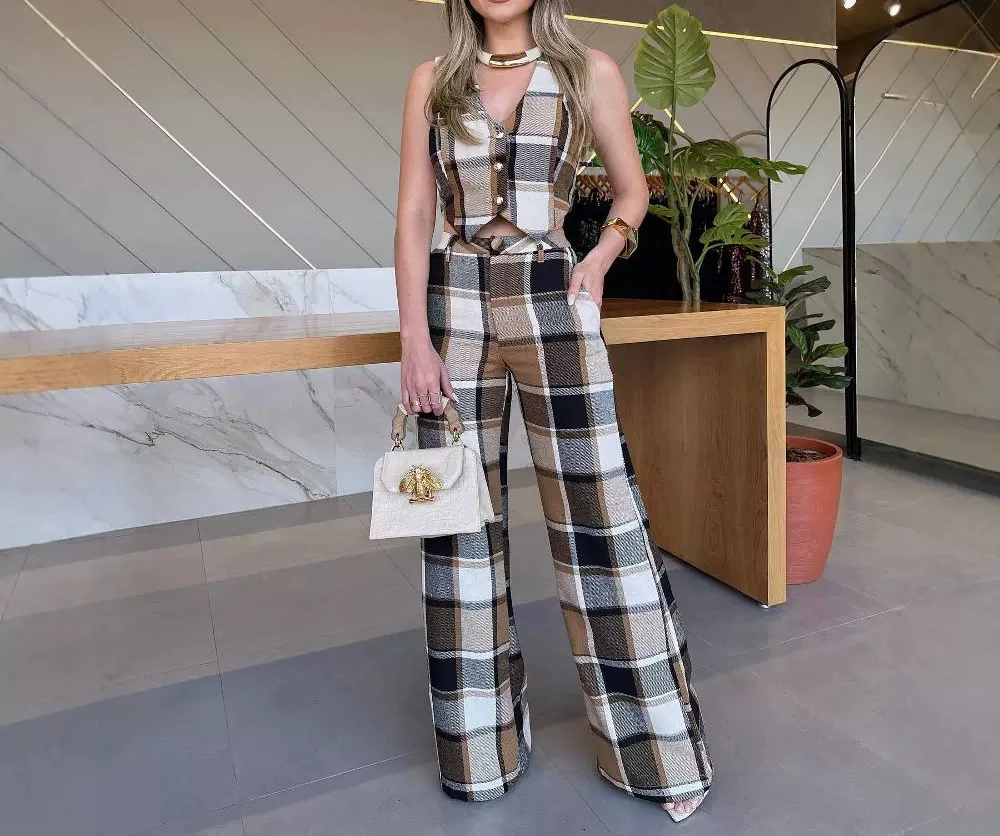 Casual Two Piece Set for Women Summer 2024 New Checkered Sleeveless Vest and Straight Leg Pants Suit for Female Streetwear