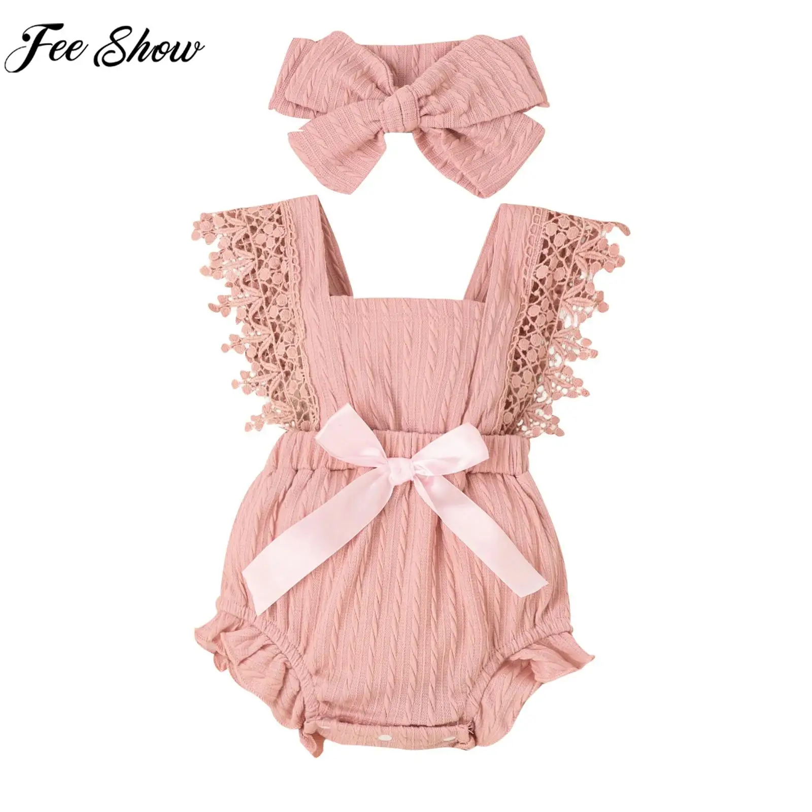 

Baby Girls Casual Cotton Rompers Baptism Birthday Party Photography Costume Sleeveless Lace Bow Ruffle Bodysuit with Headband