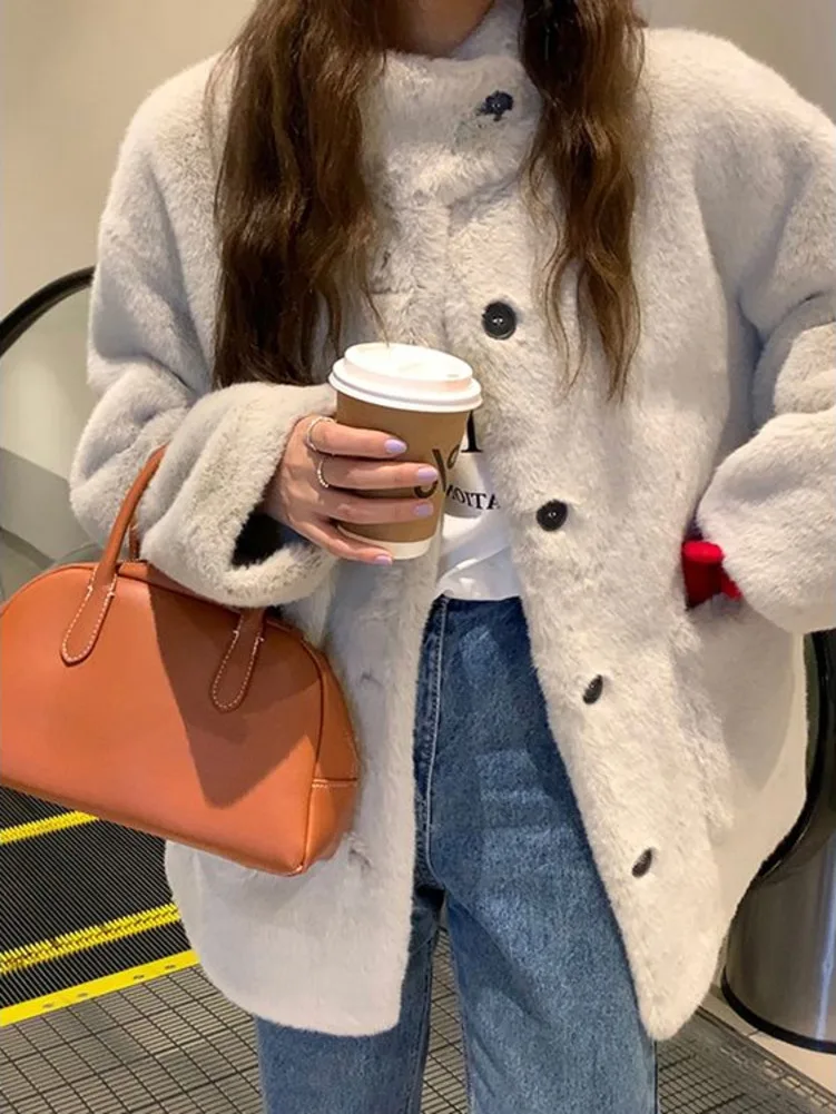 Gray Winter Furry Jackets Women Coats Soft Cozy Big Pockets Baggy Autumn and Winter Faux Fur Mink Coat Winter Warm Coat