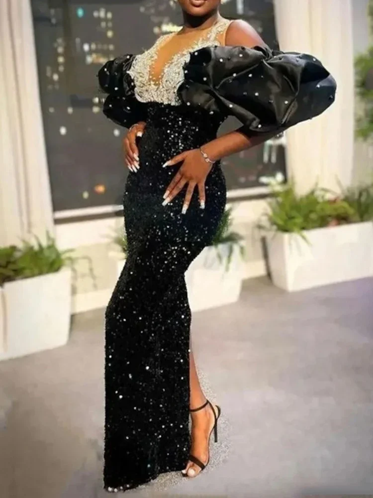 Long Black Evening Dresses for Women Bare Shoulder Embroidery Beaded Puff Sleeve Velvet Sequin Dress Luxury Party Dinner Gowns