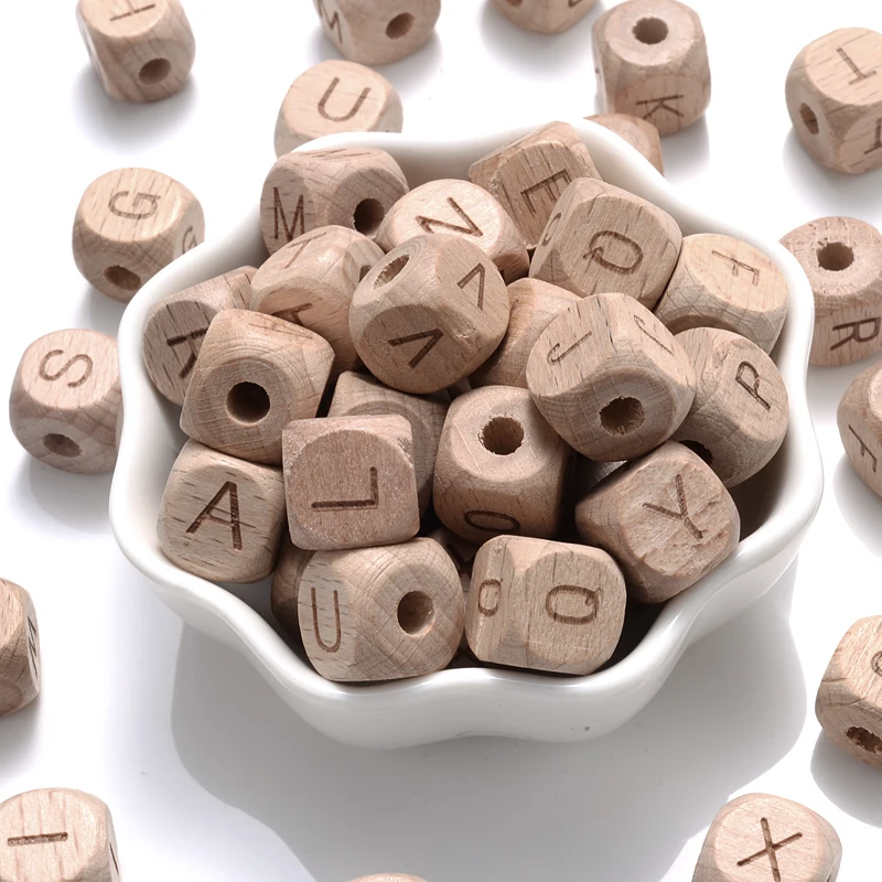 50Pcs 12mm Square Wooden Alphabet Beads English A-Z Personalized Name Letter Beads for Baby Nursing Pacifier Chain Accessoies