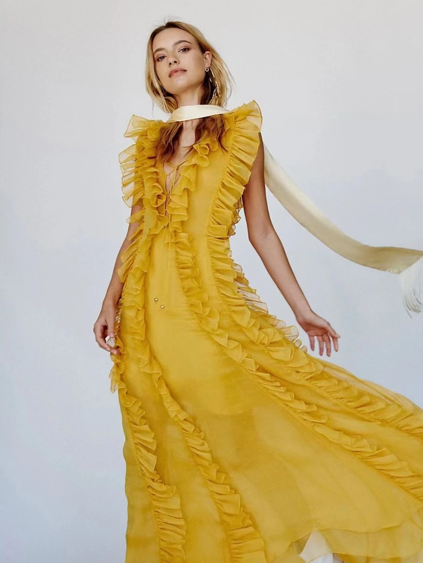 

Австралийское романтическое шифоновое макси-платье с V-образным вырезом, плиссированное, приталенное, с длинными рукавами, во французском стиле, для пляжного отдыха