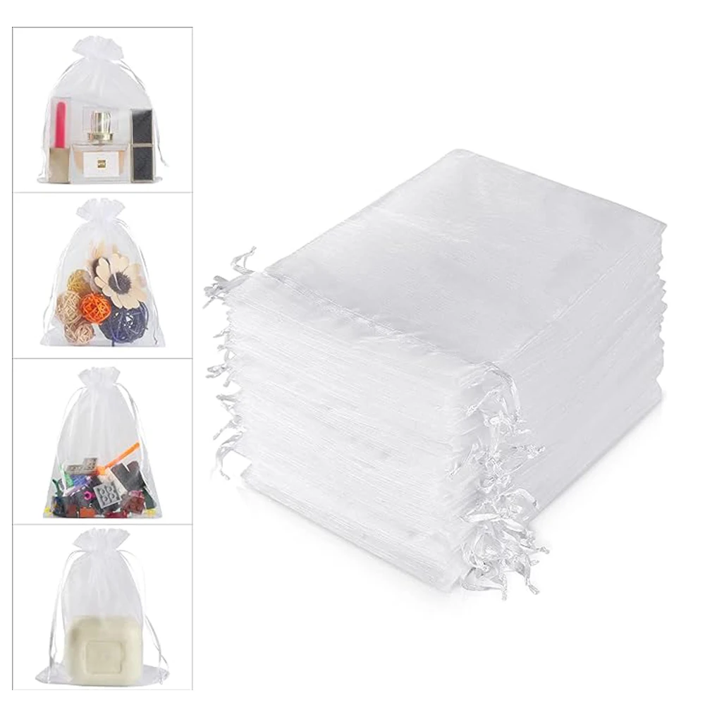 

100PCS Drawable Party Supply Christmas Favor Jewelry Packing White Pouches Drawstring Pocket Organza Gauze Sachet Gift Bags