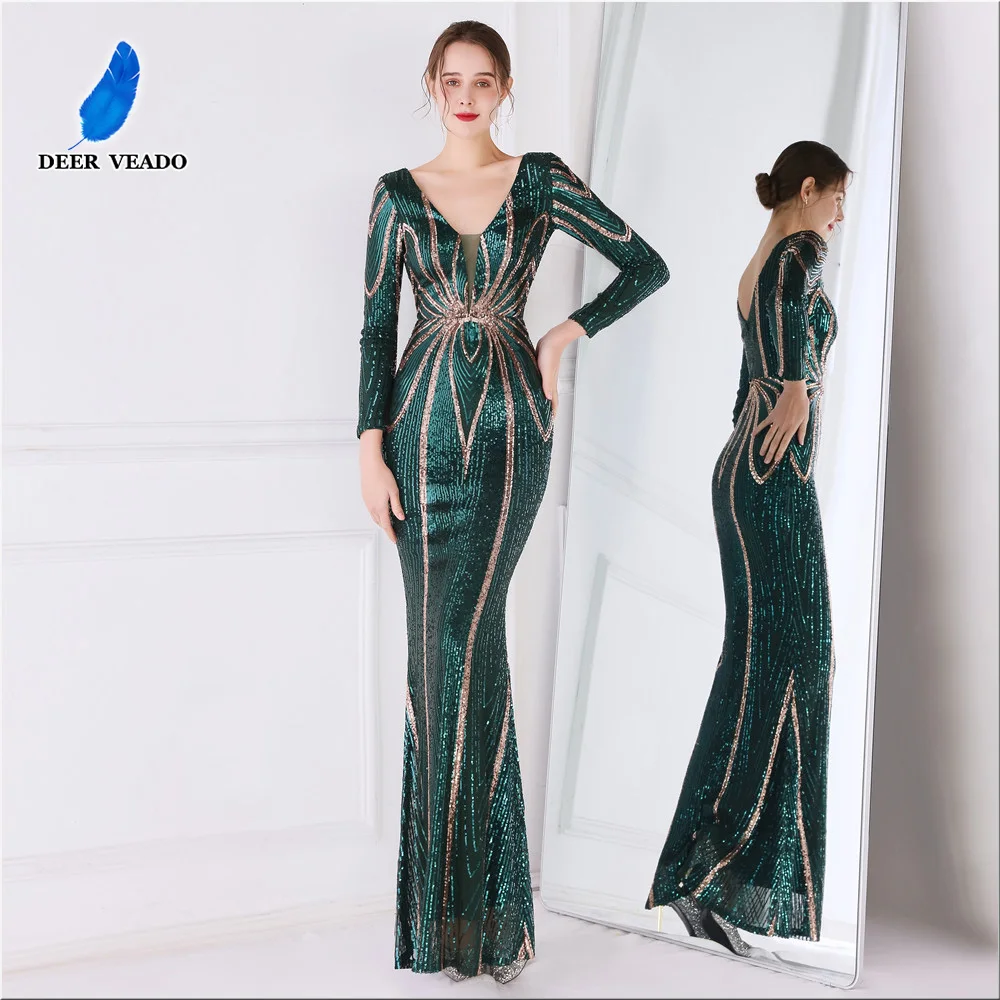 

DEERVEADO Mermaid Sequined Evening Dress for Woman Elegant Full Sleeves Formal Dress Chic Special Occasion Party Maxi Dress