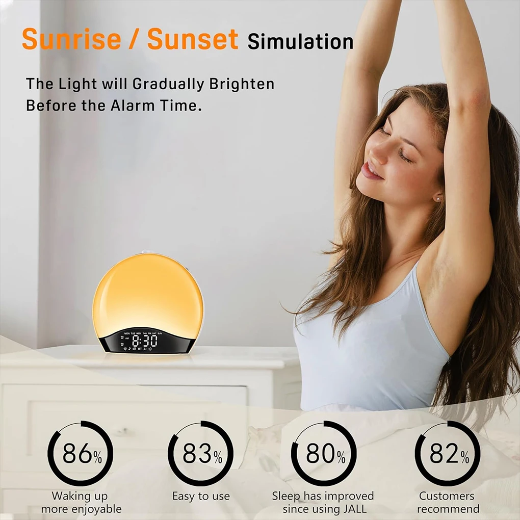 Sleep Timer Night Lights Awakening Wake Up Sunrise Alarm Clock Dimmable Multifunction Clock with 3 Ring 8 Nightlight 26 Sound