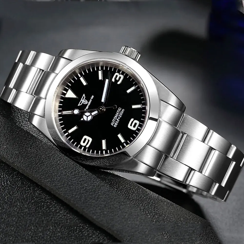 200m Waterproof 36mm 39mm Automatic Watch For Men Tandorio Black Dial NH35A PT5000 Polish Bezel Screw Down Crown