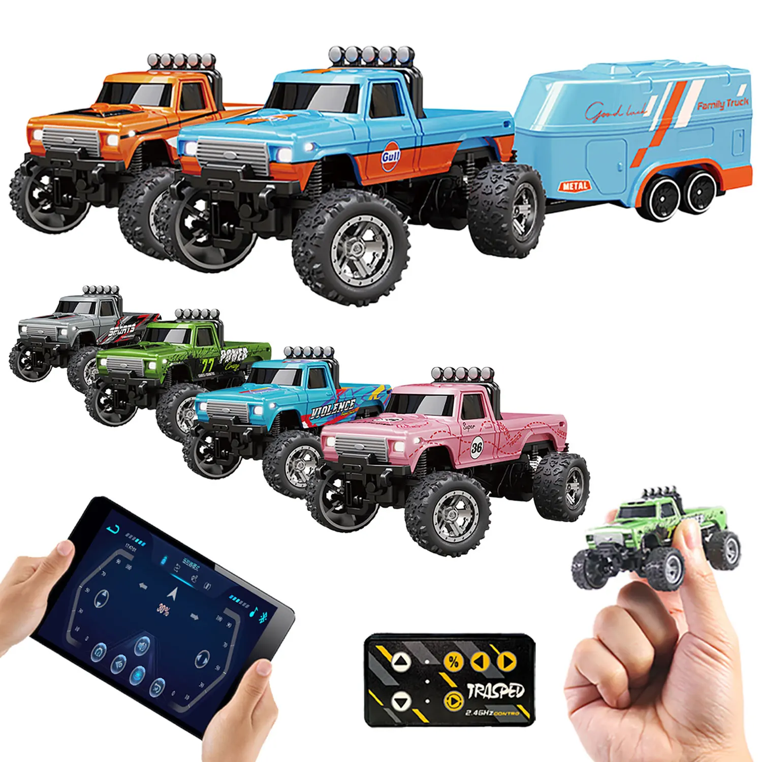 Mobilní app controlable 1:64 kov slitina proporcionální daleký ovládání auto vánoce dar 2.4ghz mini mala RC pásový kamion s přívěs