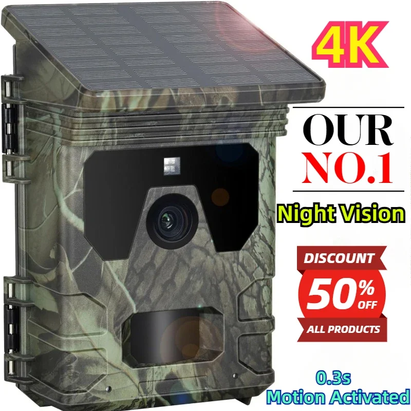 

4K Video Trail Camera Night Vision 0.3s Motion Activated Waterproof Garden Camera Outdoor Hunting Monitoring Solar Wildlife