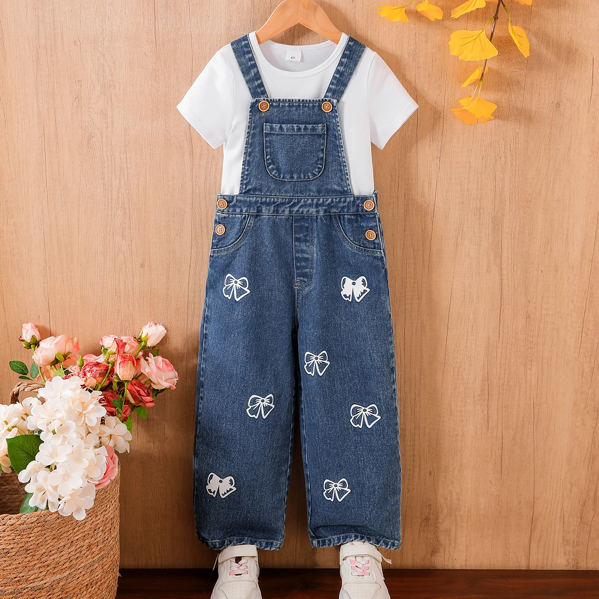 Summer Casual Girls Classic Denim Overalls + Simple White T-Shirt Two-Piece Set for Kids