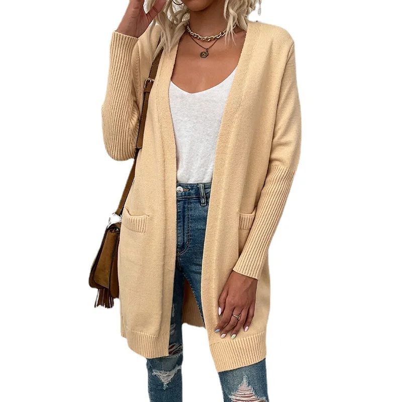 Cross-border solid color pocket knitted sweater 2023 autumn and winter new Amazon sweater women's cardigan jacket