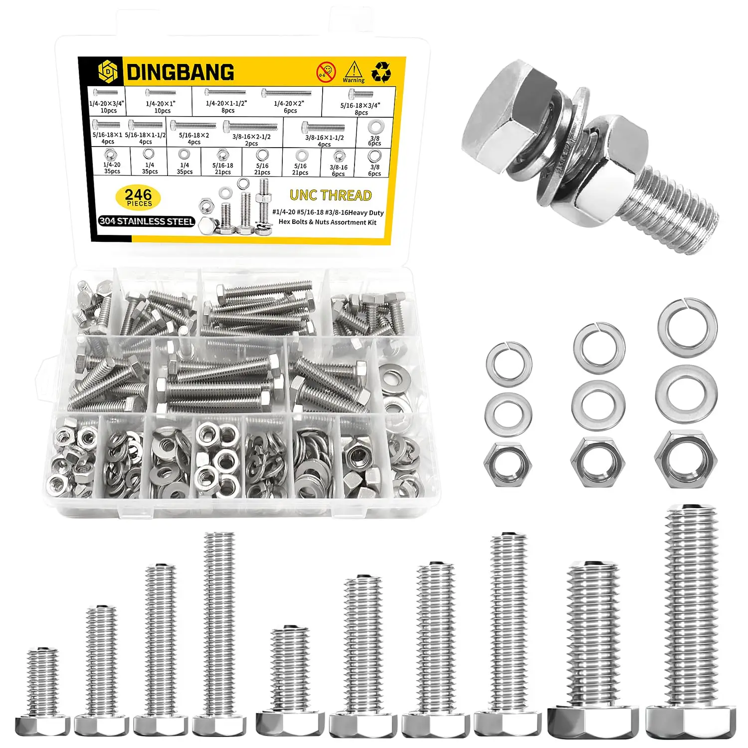 

246Pcs Hex Bolts and Nuts Assortment Kit, 1/4-20, 5/16-18, 3/8-16 Stainless Steel Hex Head Bolts and Nuts with Flat & Lock