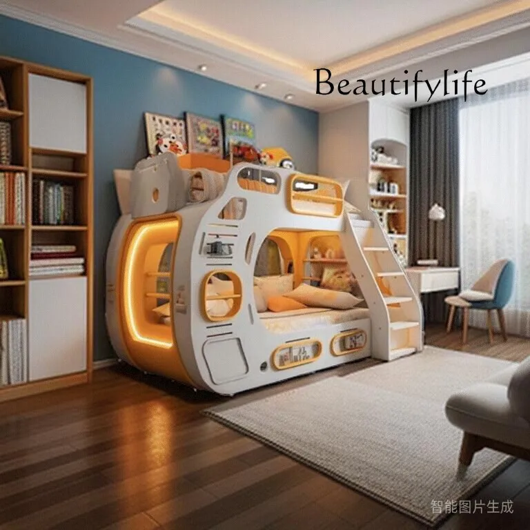 Room Whole house custom bed with lighting effect Full solid wood upper and lower beds Bunk beds Princess room