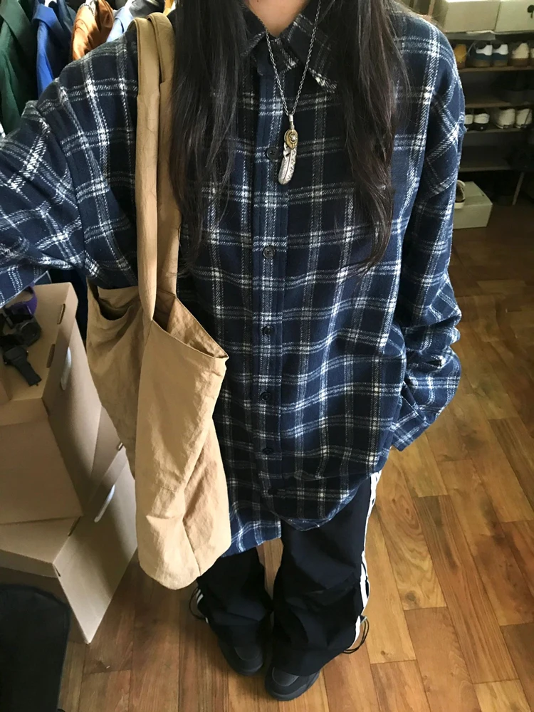 Retro American Plaid Shirt Men's Spring Early Spring  Design Hong Kong Style Chic Couple's Woolen Coat Long Sleeve Shirt