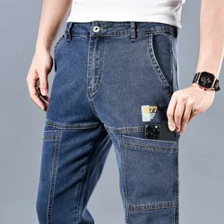 2024 Men's Summer Fashion Men's Jeans Multi-pocket Splicing Straight-leg Casual Denim Trousers Personalized Dark Blue Brand