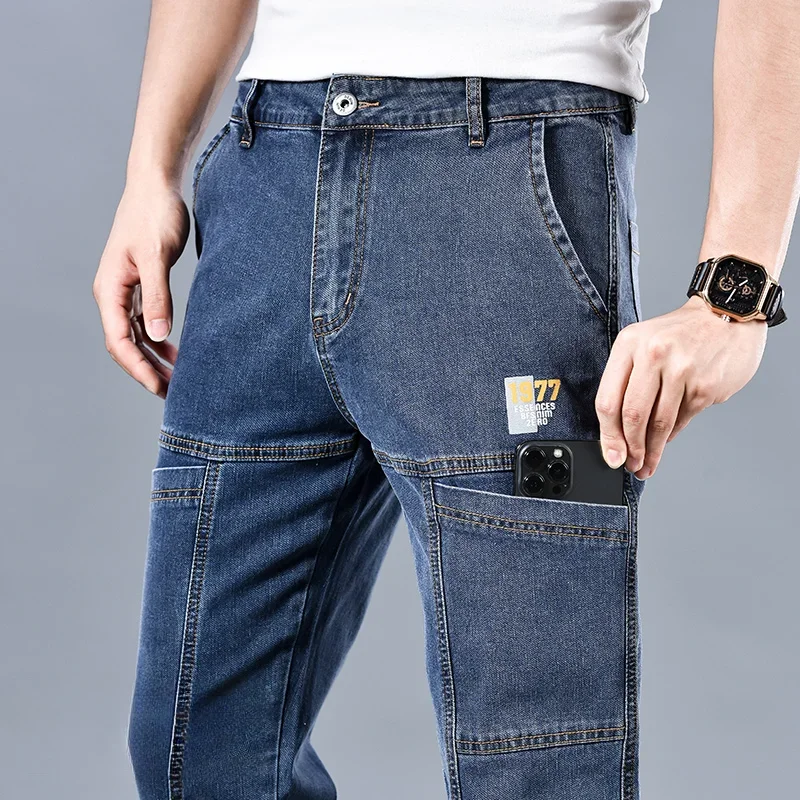 2024 Men's Summer Fashion Men's Jeans Multi-pocket Splicing Straight-leg Casual Denim Trousers Personalized Dark Blue Brand