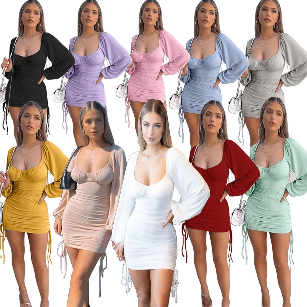 Sexy Long Sleeve Drawstring Wrap Bodycon Dress Pleated Ribbed Independent Station Women's Fashion Polyester Fiber Basic Style