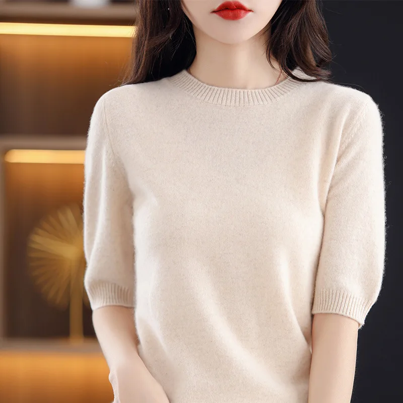 

Short Sleeve O-neck Sweater Spring Summer Knitted Tops High Strecth Casual Bottoming Shirts Solid Korean Fashion Undershirts