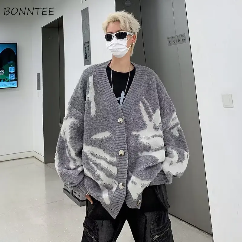 

Knitted Cardigan Men Loose Print Soft Vintage Casual American Style Handsome Warm Streetwear All-match Personality Sueter Hombre