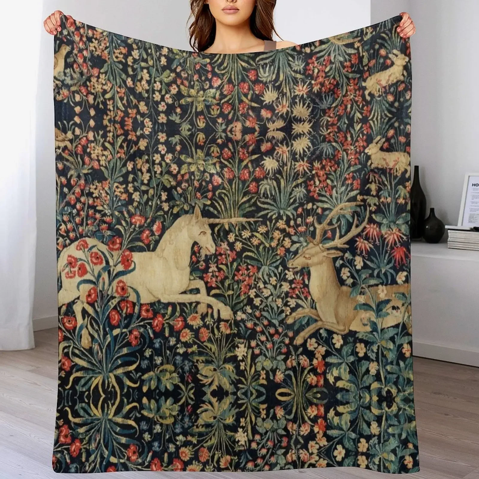

UNICORN AND DEER AMONG FLOWERS, FOREST ANIMALS FLEMISH FLORAL Throw Blanket Cozy Light Blanket for Travel Camping Picnic