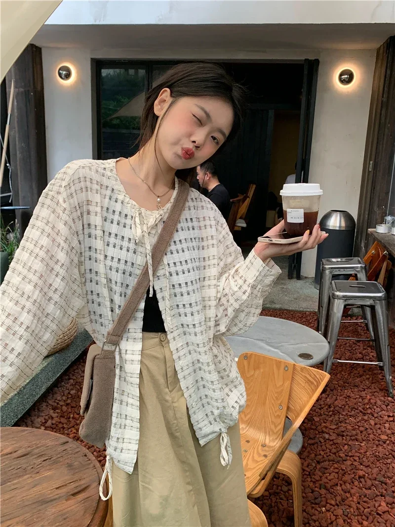 

Женская винтажная блузка с длинным рукавом, летняя Корейская клетчатая рубашка, облегающие прозрачные блузки, топы, 2024