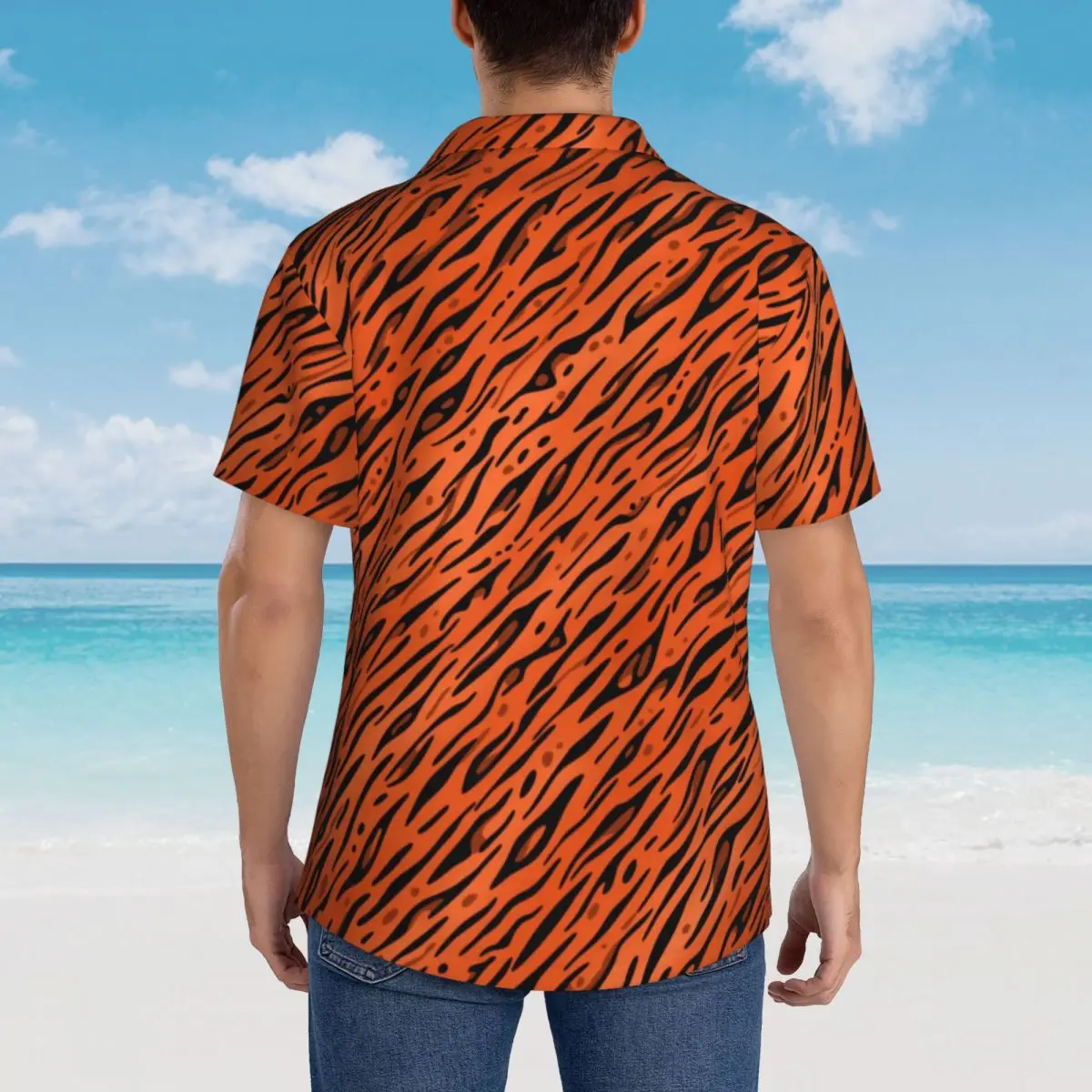 Koszula hawajska bluzki plażowe z nadrukiem zwierząt pomarańczowe Tiger Strip Vintage Casual Shirts męskie koreańskie modne ubrania z krótkim rękawem