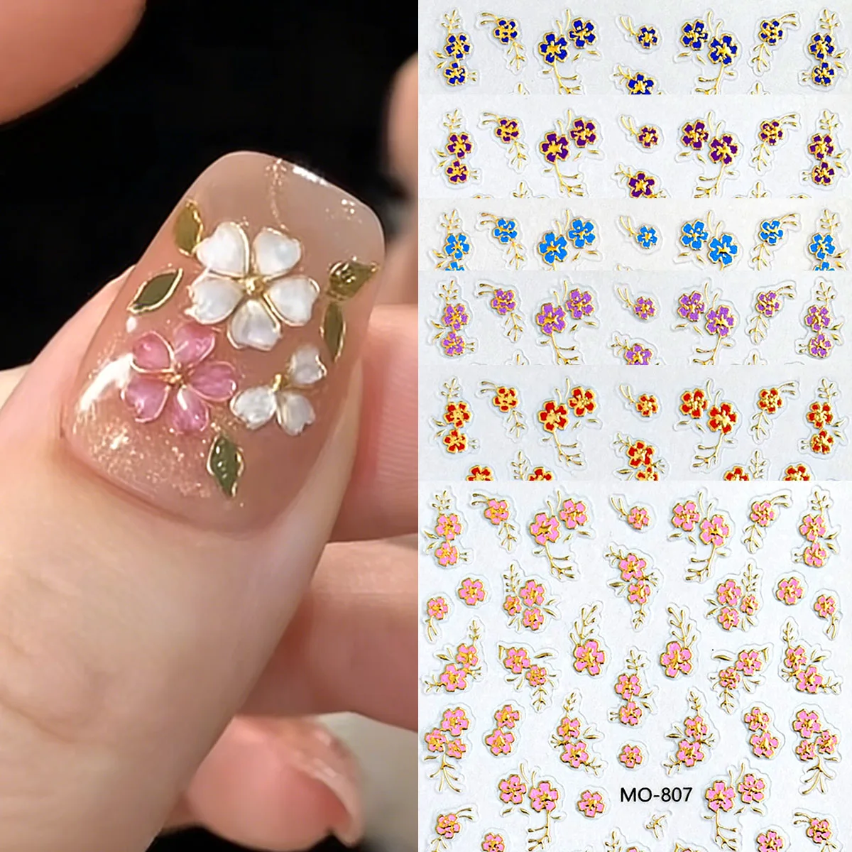Rosa und rote Blumen-Nagelkunst-Aufkleber, mit goldumrandeten Blumendekorationen, 5D geprägte selbstklebende Blumenaufkleber.