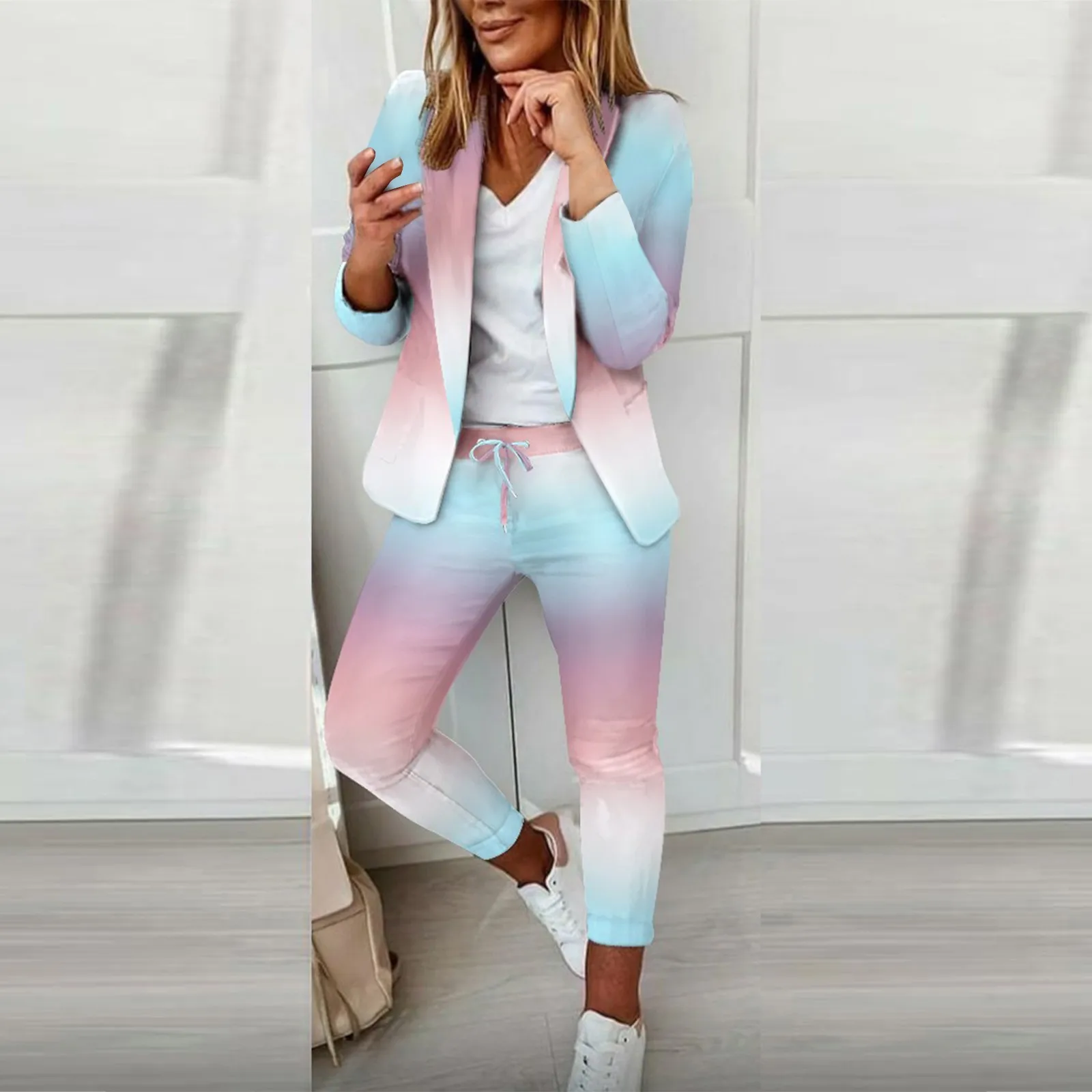 Women\'s Fashion Colour Block Print Two Piece Set Casual Long Sleeve Suit Jacket Drawstring Elastic Waist Slim Fit Pants Suit