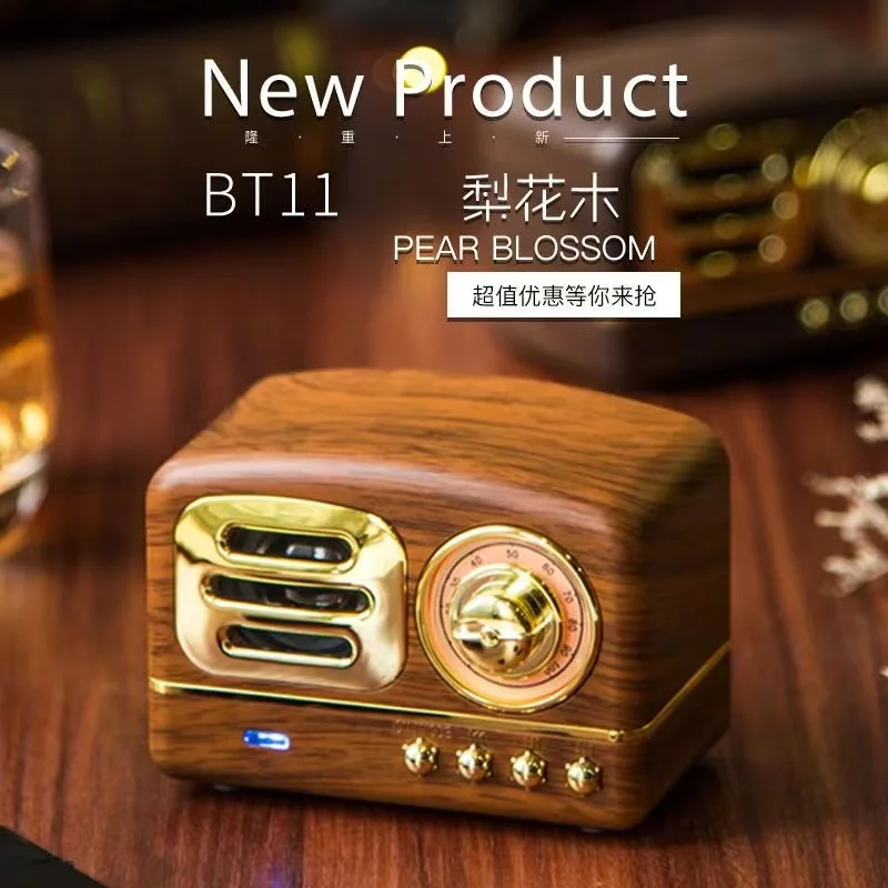 FM Video Retro Bluetooth Speaker Radio Portable Mini Creative Gift Wood Grain Subwoofer Plug In Card Mobile Phone Mini Audio