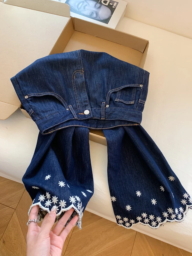 Blue Embroidered Long Jeans For Women Summer Thin High Waisted Pocket Straight Pants Korean Casual Buckle Wide Leg Trousers