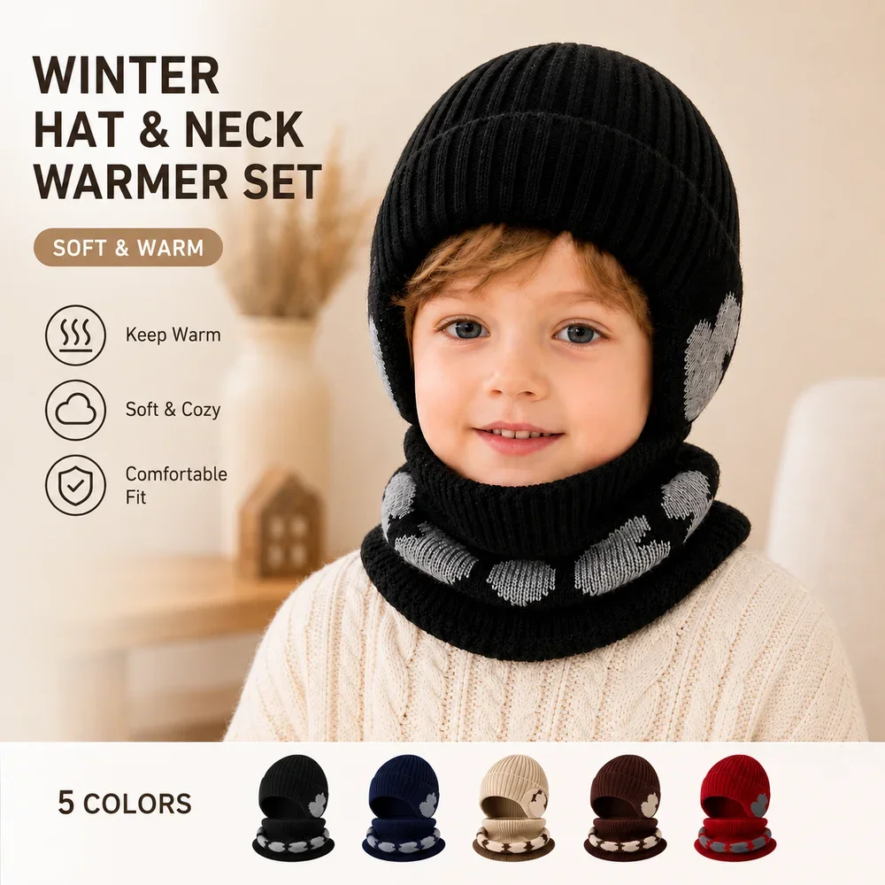 Kids Winter Knit Hat and Neck Warmer Set Warm Ear Cover Beanie Scarf 2PCS Thick Soft Cold Weather Cap for Boys Girls