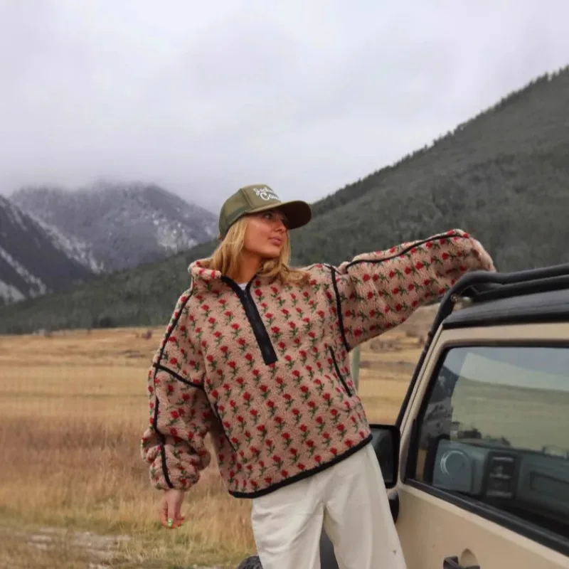 Women's Clothing New Fleece Fashion Coats Flower Print Fleece Sweatshirts Loose Coats Winter Patchwork Pullover Long-sleeved Top