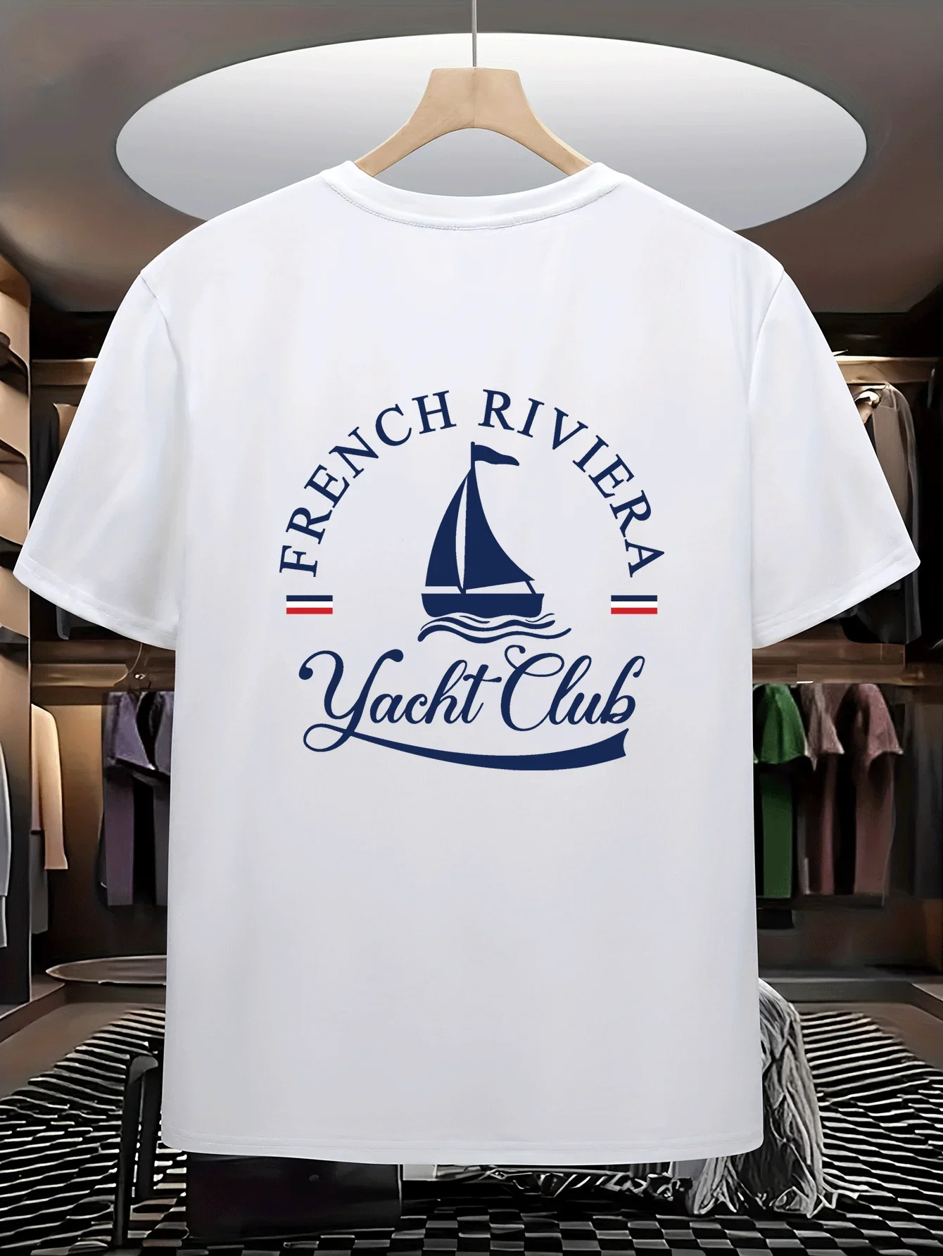 Men's 100% Cotton T-Shirt French Riviera Yacht Club Print Nautical Sailboat Short Sleeve Casual Tee For Men Summer Coastal Style
