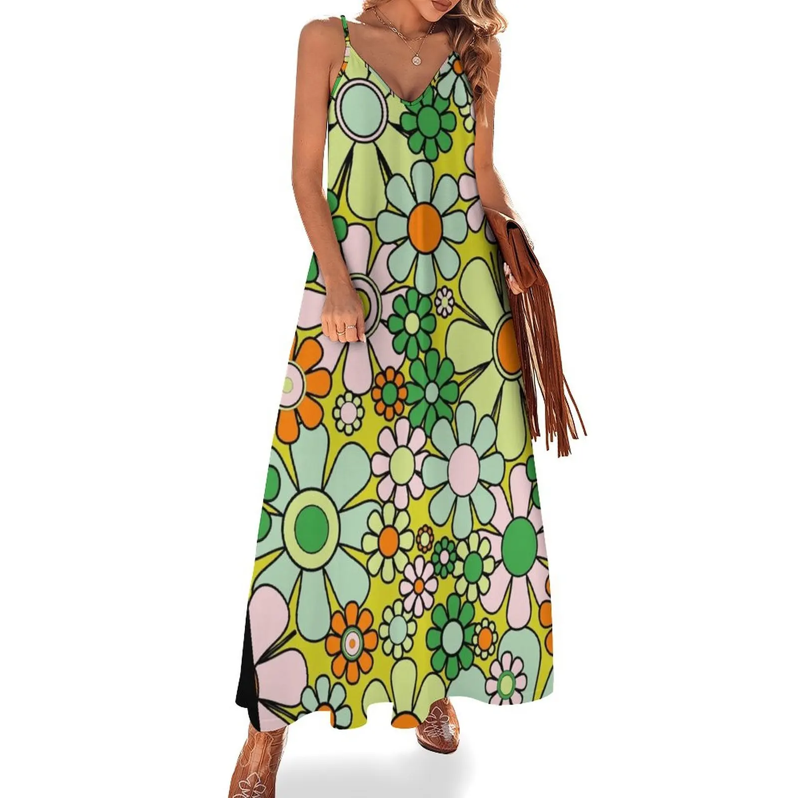 

Retro Garden Flowers Groovy 60s 70s Spring Pastel Floral Pattern Lime Green Orange Pink Black Sleeveless Long Dress