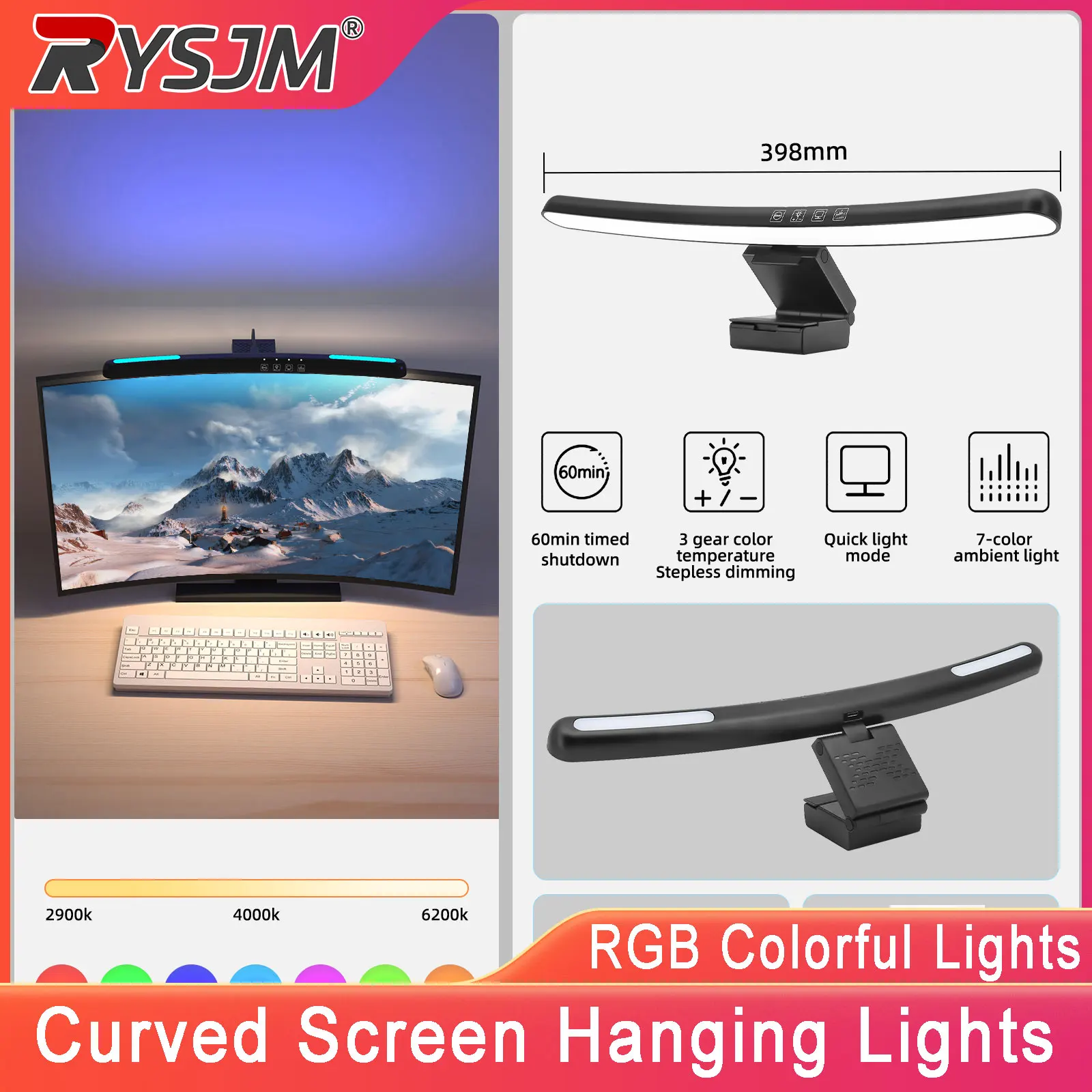 

LED Computer Monitor Light Bar Curved Screen Hanging Lights Touch Switch Monitor Lamp Reading Desk Lamp