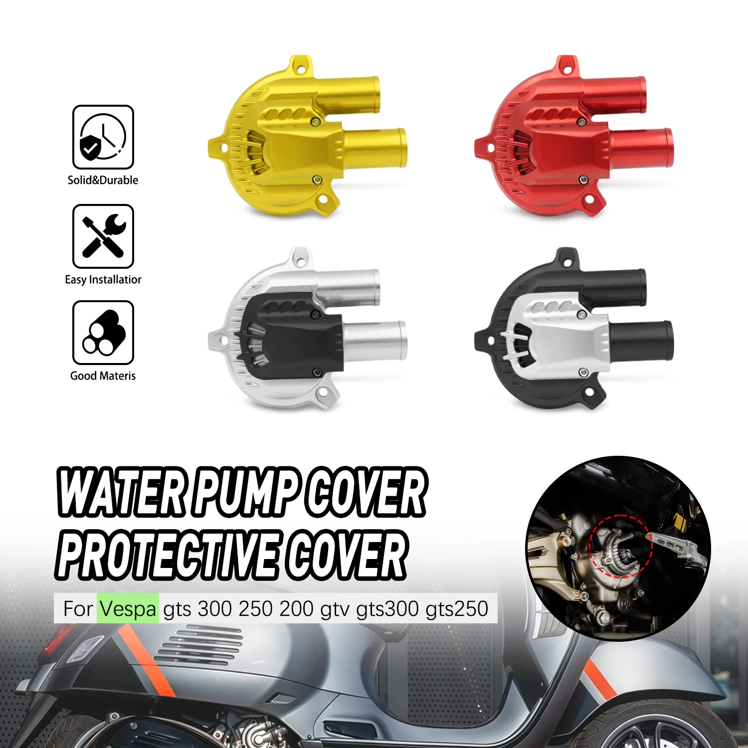 

Motorcycle Parts CNC Aluminum Water Pump Cover Guard Protecror Water Cooler Guard For VESPA GTS 300 250 200 GTV