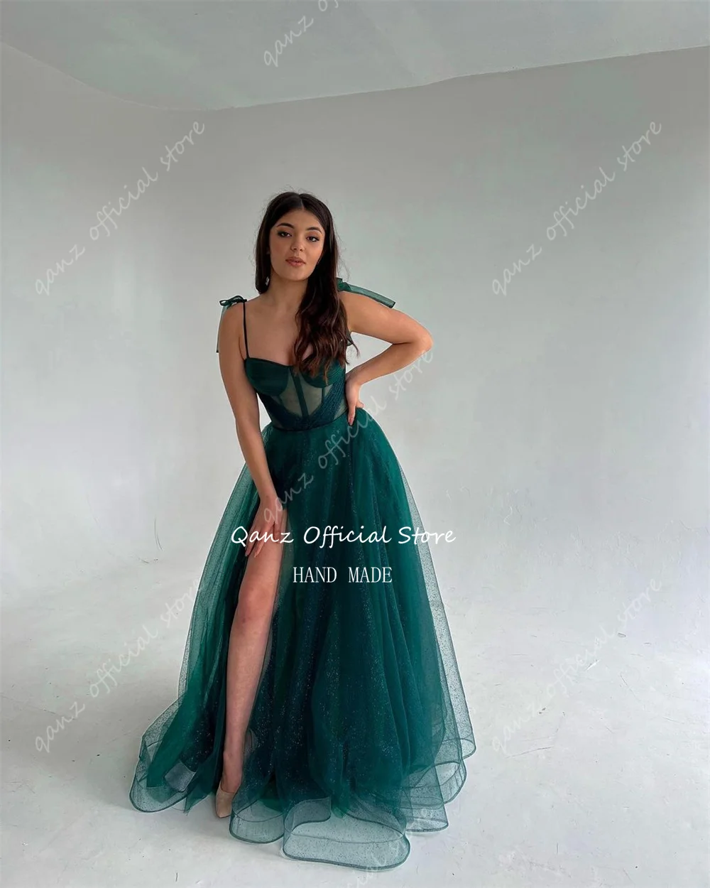 Qanz Emerald Green Evening Dresses Shiny Tulle Gracefull Spaghetti Straps High Slit Vestidos De Festa Party Gown Customized