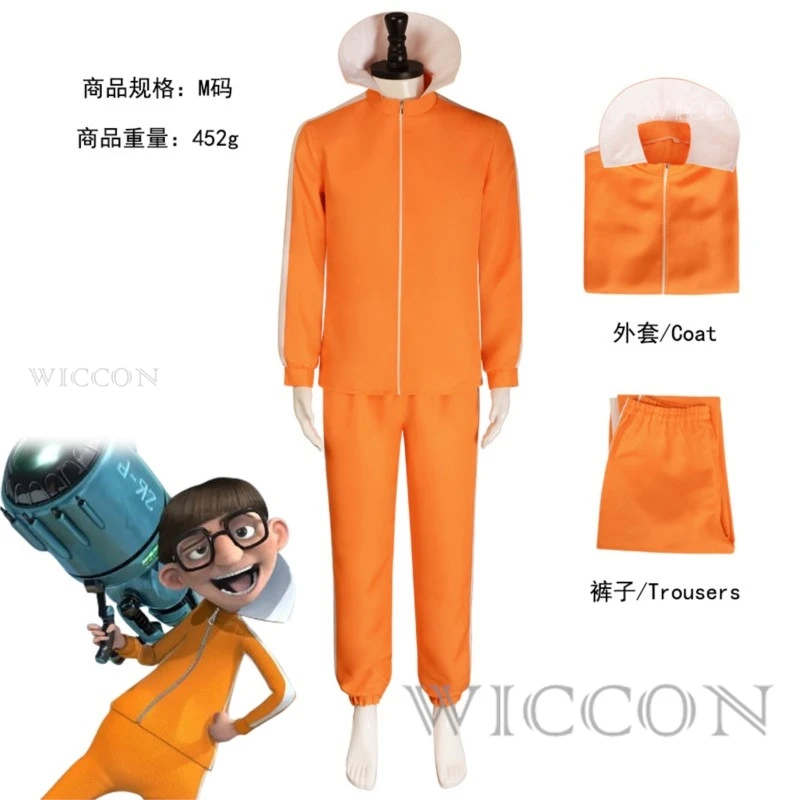 Movie Vector Cosplay Costume Orange Jakect Pant Glasses Outfits Set Mushroom-shaped  Wig Halloween Fancy Suit Party Suit