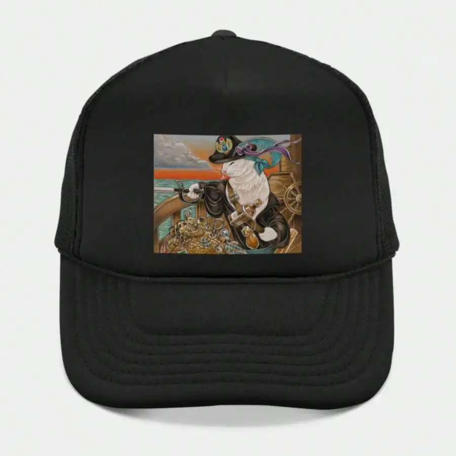 

Black Trucker Hat With Pirate Cat Illustration Novelty Design