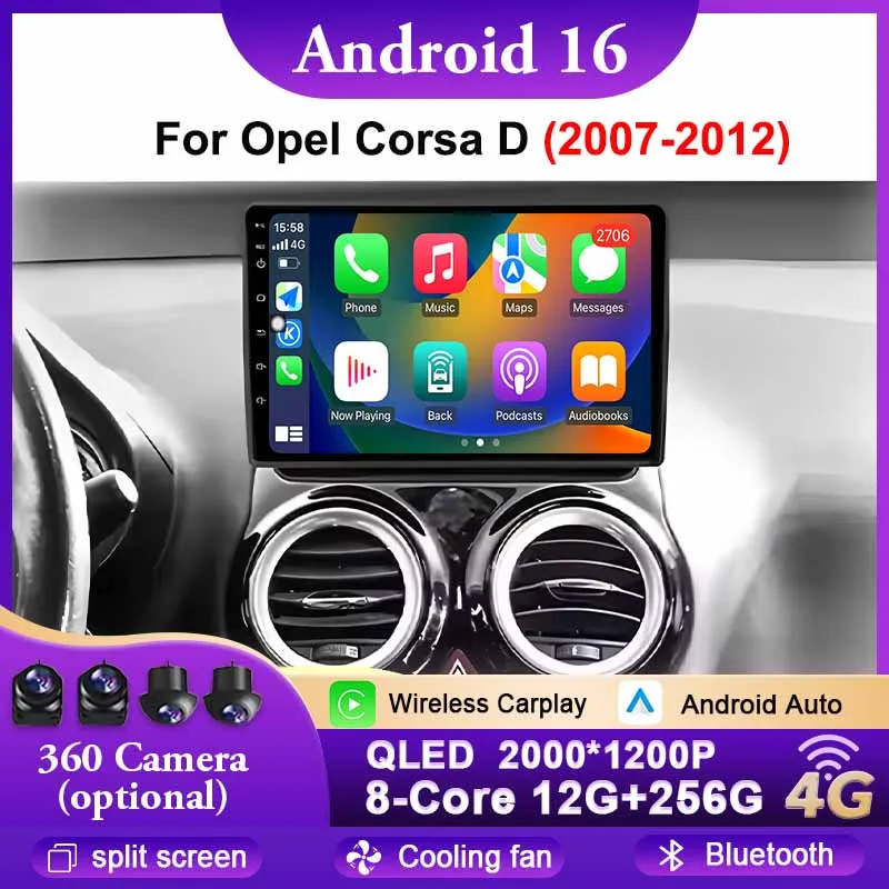 오펠 코르사 D 2007-2012용 안드로이드 16 카 라디오 멀티미디어 무선 오토 카플레이 플레이어 GPS 네비게이션 스테레오 4G WIFI 2din DVD 없음