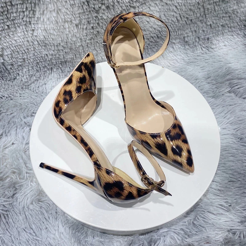 Tikicup Ankle Strap Women Leopard Pointy Toe High Heel Shoes Summer Sexy Ladies Fashion Party Dress Stiletto Pumps 120 100 80mm