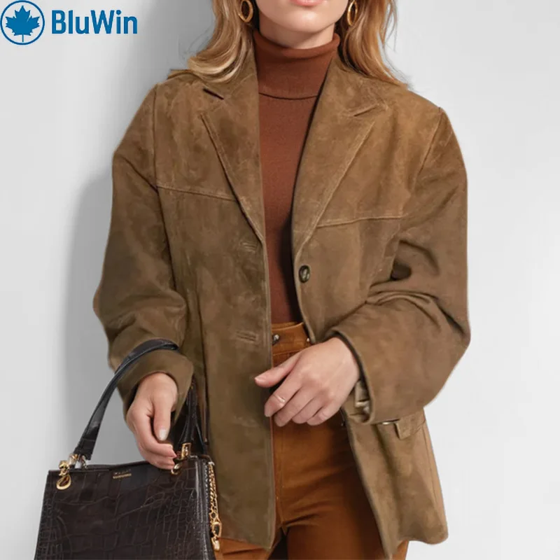 เสื้อเบลเซอร์สไตล์ฝรั่งเศสสีน้ำตาลวินเทจ 12 สี สำหรับผู้หญิง ฤดูใบไม้ร่วง ทรงหลวมโอเวอร์ไซส์ แจ็คเก็ตสุดชิคสำหรับสาวออฟฟิศ