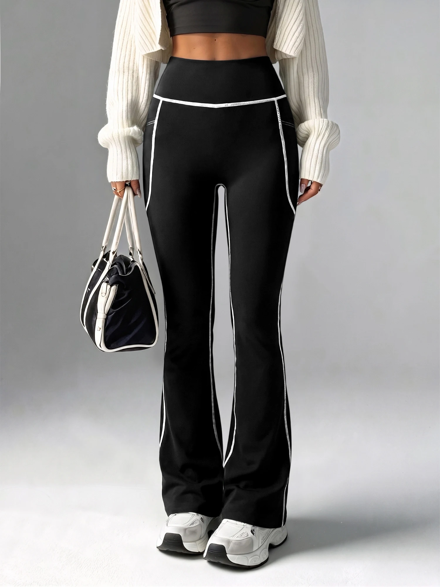 High Waist Soft Stretch Flare Daily Pants Contrast White Stitch Big Side Phone Pocket Slim Bootcut Street Pants