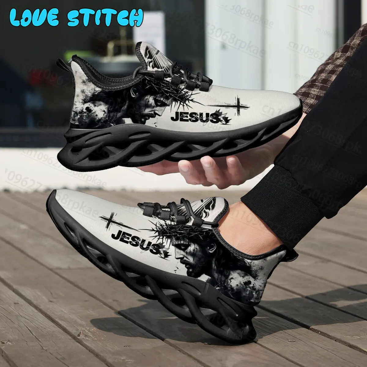 Vintage Black White Jesus Cross Graphic Sneaker Wave Cushion Blade Sole Light Mesh Athletic Shoes Outdoor Casual Footwear Unisex