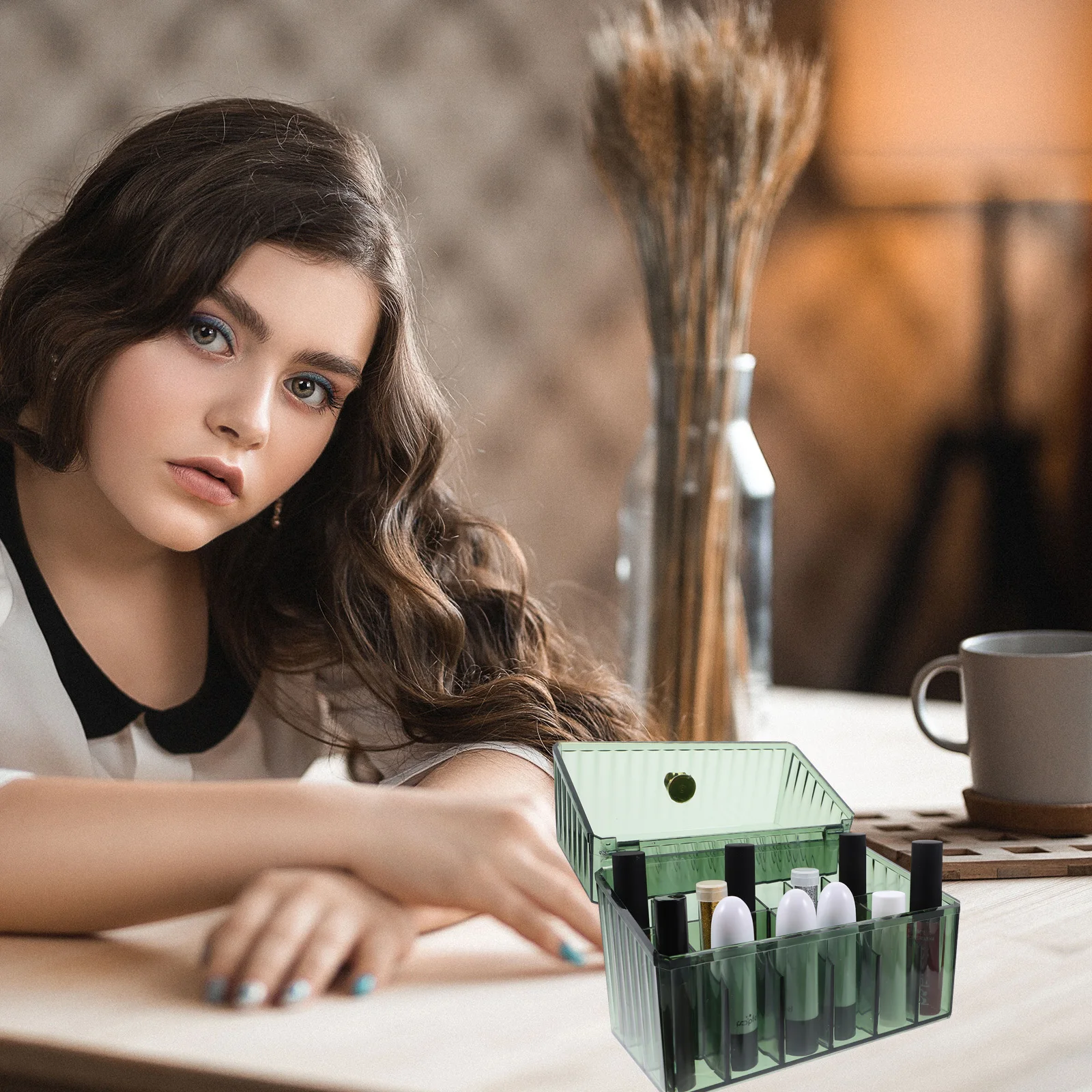 

Прозрачная коробка для хранения помады, зеленый акриловый органайзер, настольный держатель, чехол для хранения в спальне, блестящий контейнер