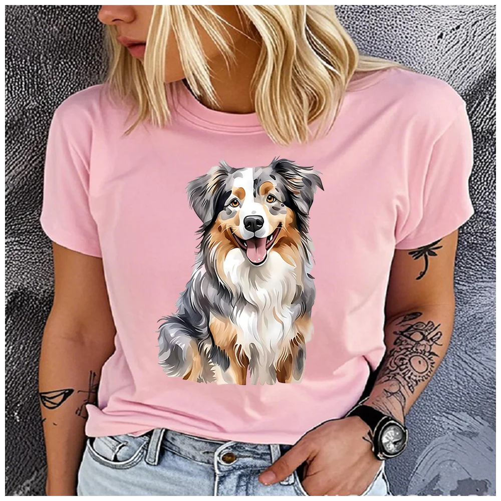 Cotton 100% Cute Australian Shepherd Dog Portrait Print Women T Shirt Round Neck Short Sleeve Summer Casual Pet Lover Graphic