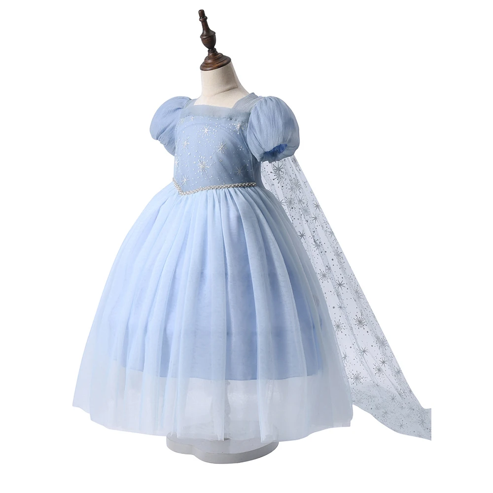 Eis und Schnee Prinzessin Kinder kleid Kurzarm Mesh Performance Mädchen Kleid Elsa Umhang Mädchen Prinzessin Kleid