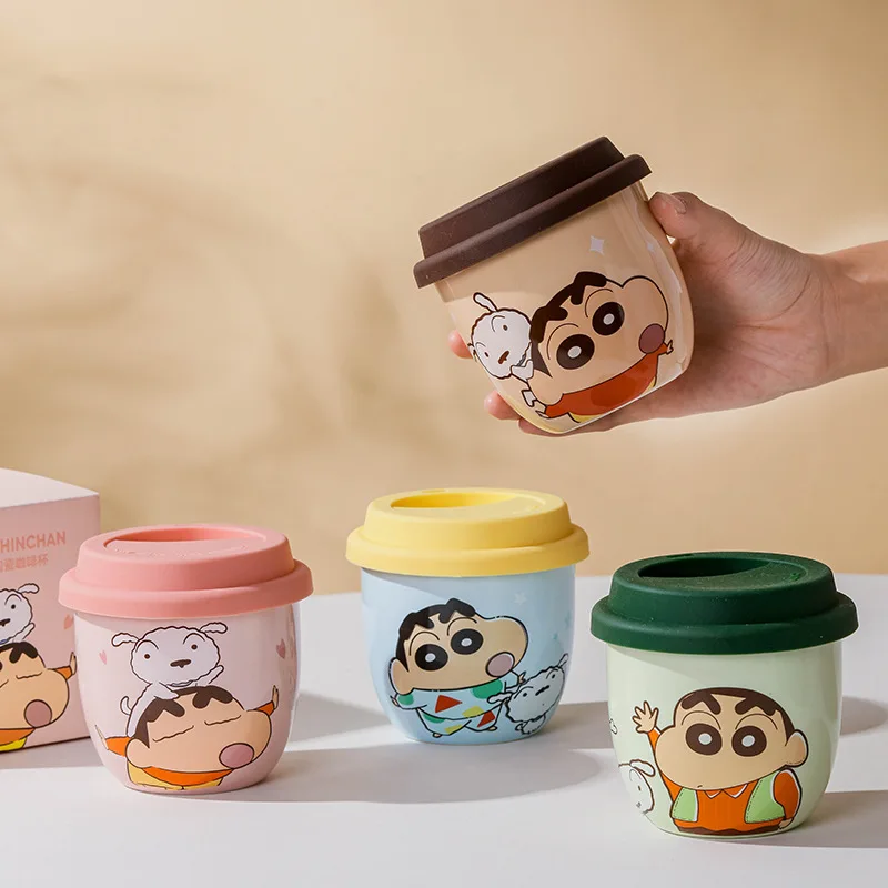 380Ml Cartoon Crayon Shin Chans Ceramic Mug with Lid Kawaii Portable Couple Coffee Cup Cute Large Capacity Water Cup Gift