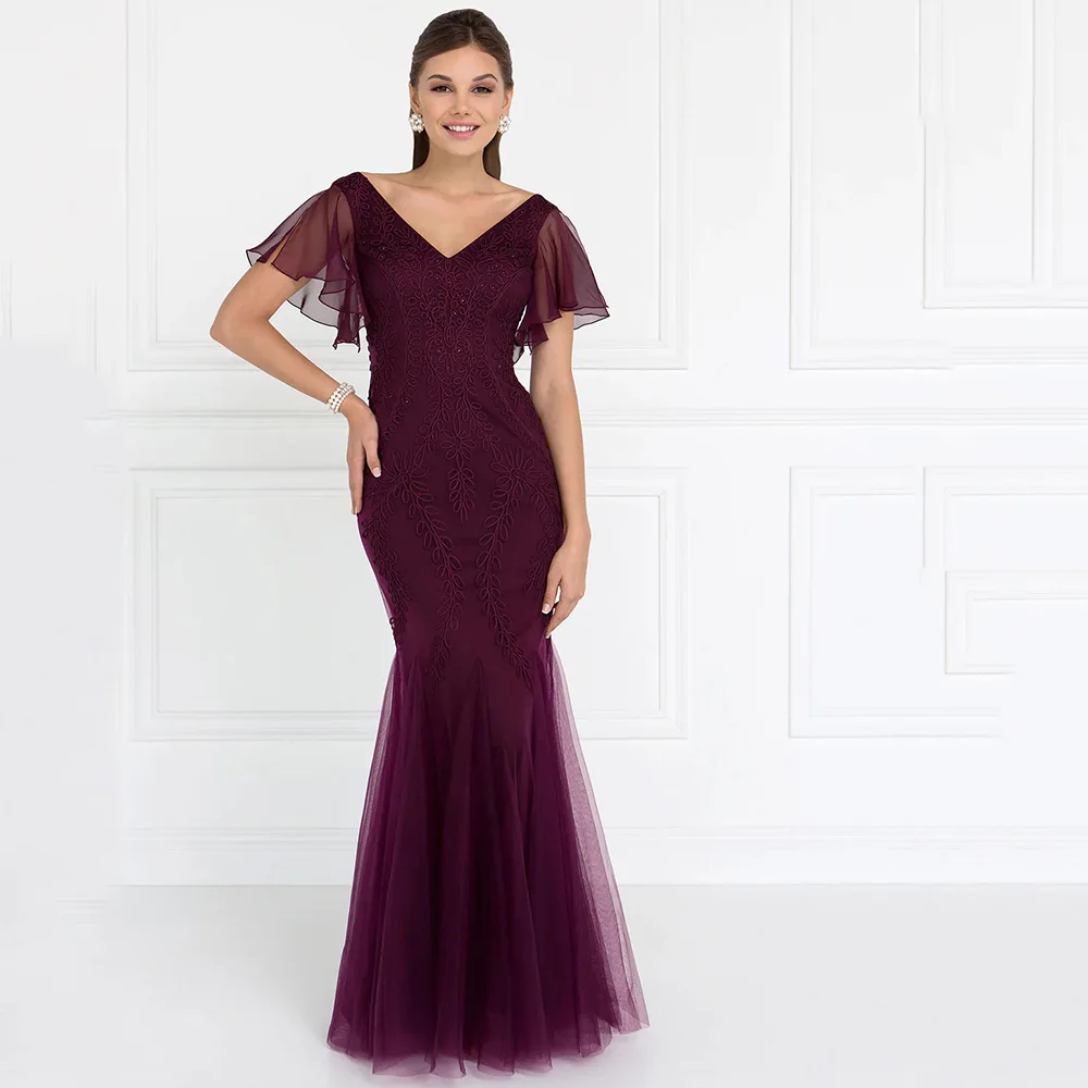 

Elegant Fuchsia Mother of the Bride Dress Mermaid Flared Short Sleeve V-Neck Appliques Floor Length Party Gown فساتين السهرة